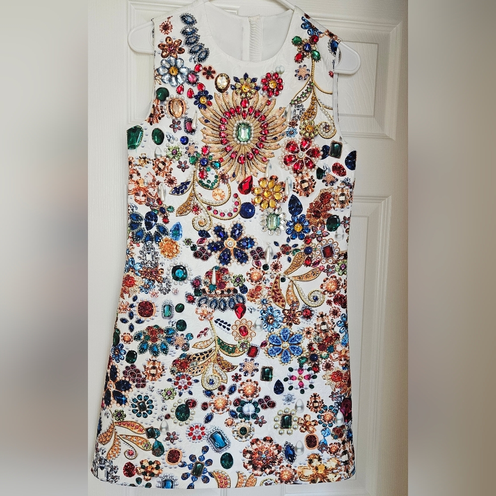 Embellished Jewel-Print White Shift Dress